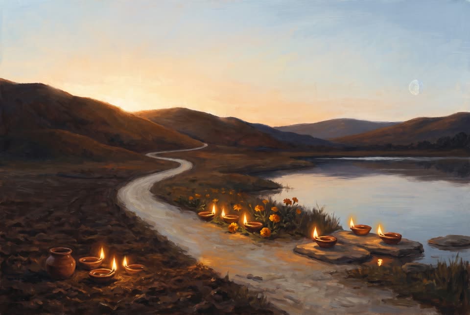 A path at dawn with nine lamps in three groups of three, on earth, among marigolds and on river stones