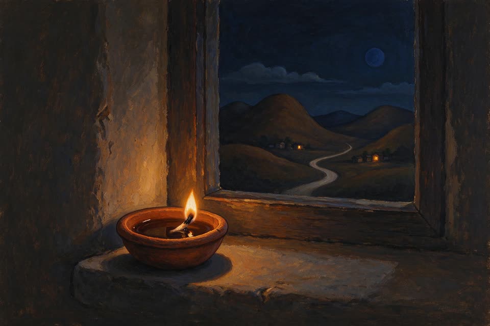 An oil painting: a small clay diya burning on a window sill at night, hills and village lights beyond, a quiet moon